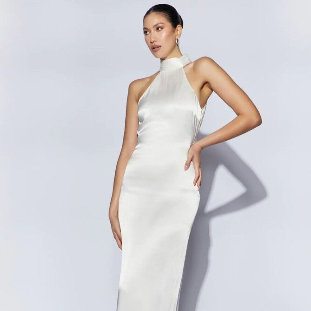 Meshki Claire Satin Drape Back Maxi Dress